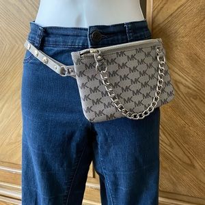 Michael Kors gray logo print belt bag pull chain